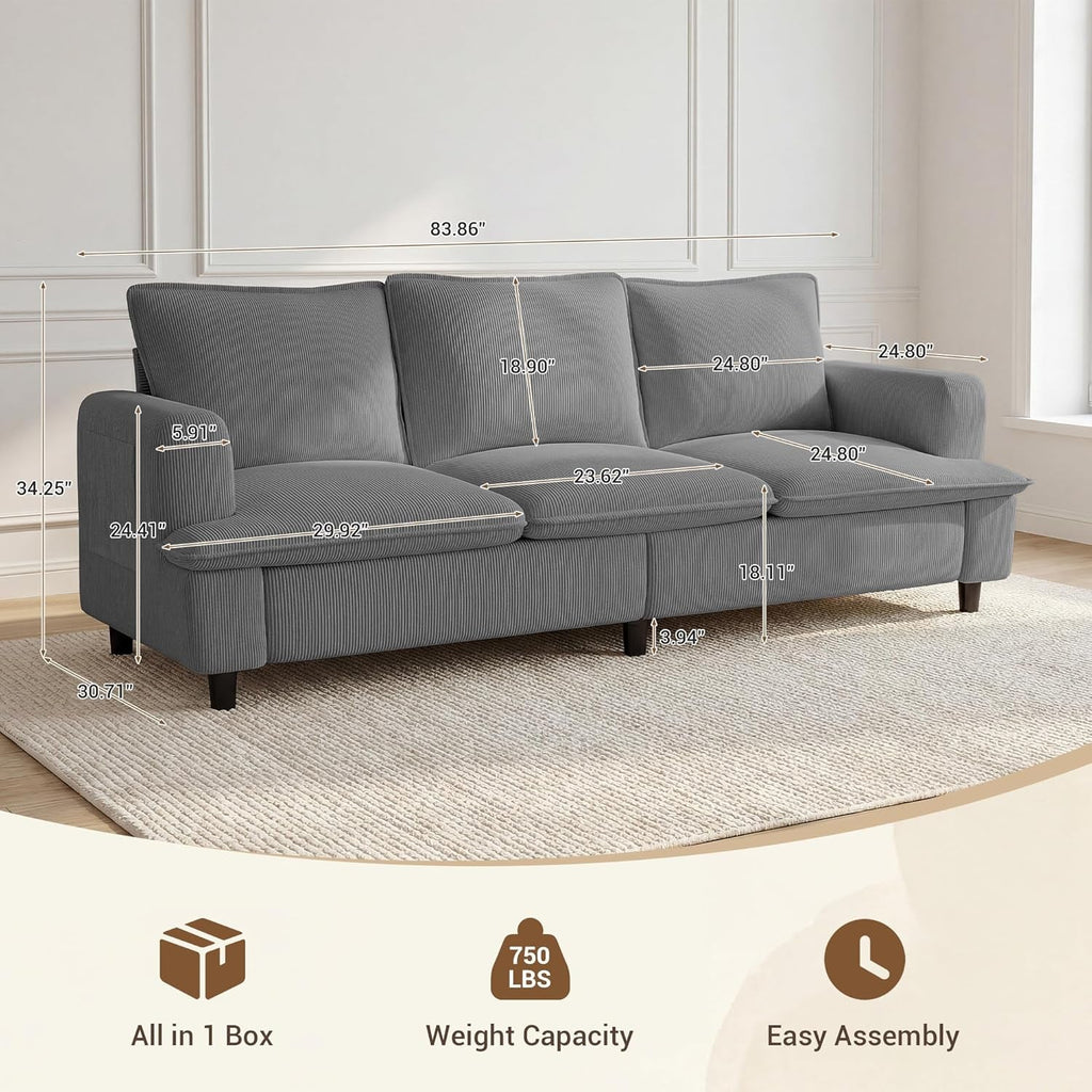 83 Inches Corduroy Fabric Upholstery 3 Seater Deep Seat Sofa ShipItFurniture