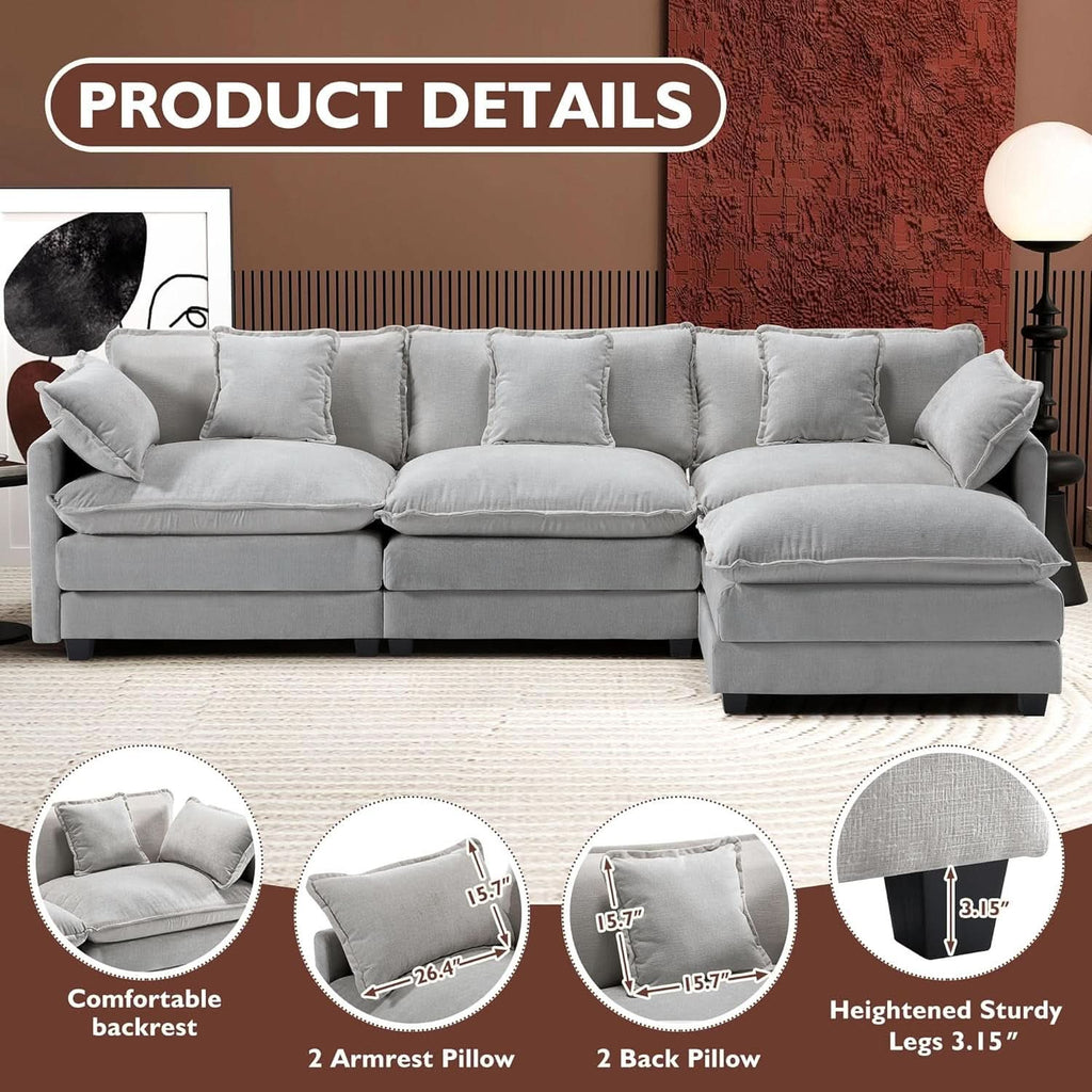 111 Inch L Shaped Modern Glam Sofa Sectional With Ottoman Cloud Foam Cushions Grey Chenille ShipItFurniture