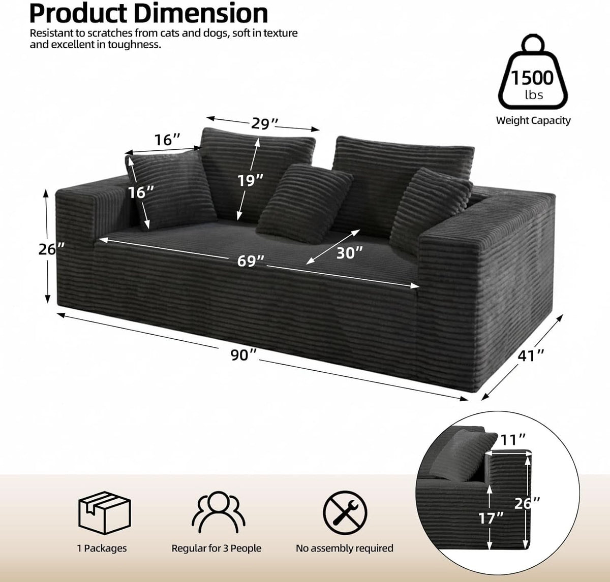 3-Seater Corduroy Sleeper Sofa No Assembly Lounge ShipItFurniture
