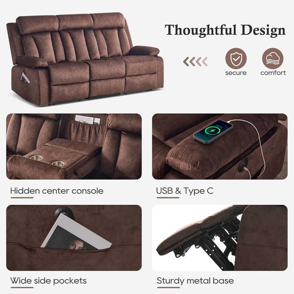 Power Reclining Sofa With Therapeutic Massage Heat ShipItFurniture