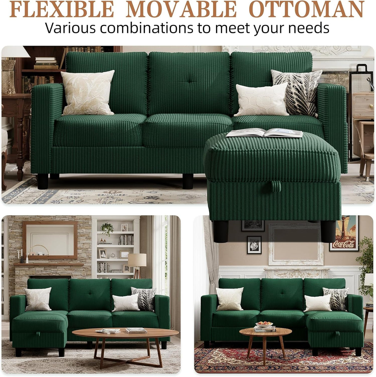 Green 76 Inches Upholstered Sectional Sofa Storage ShipItFurniture