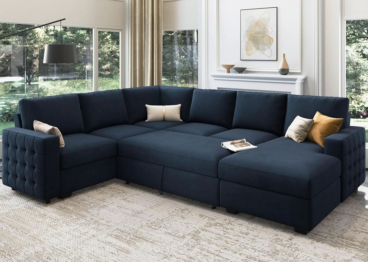 Blue Velvet U Shaped Sleeper Sofa With Pull Out Bed ShipItFurniture