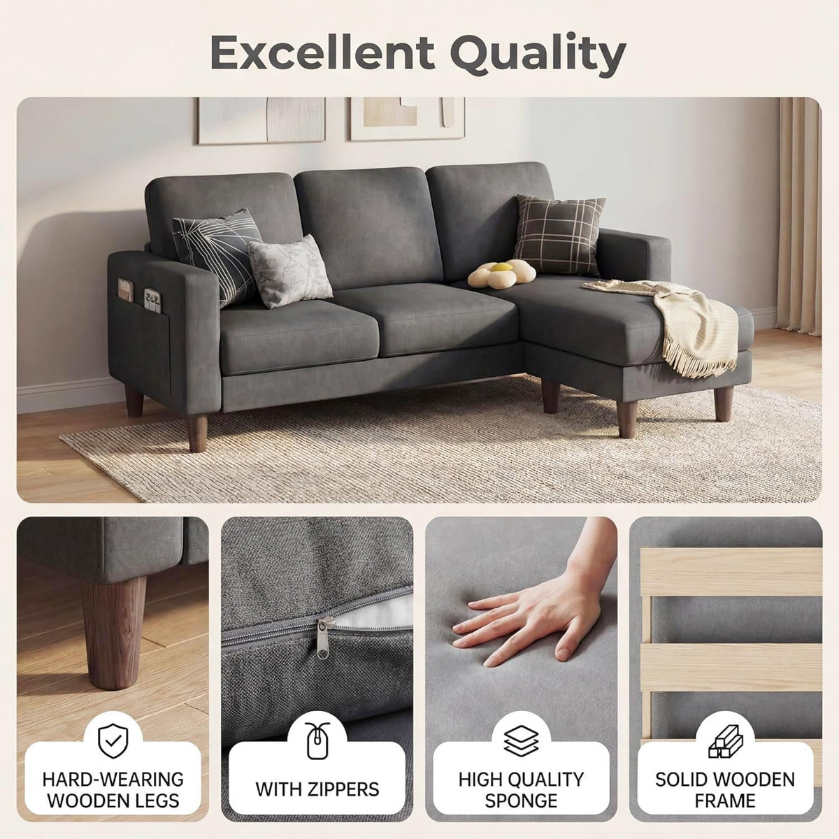L-Shaped Sectional Sofa Graphite Grey Storage Ottoman ShipItFurniture