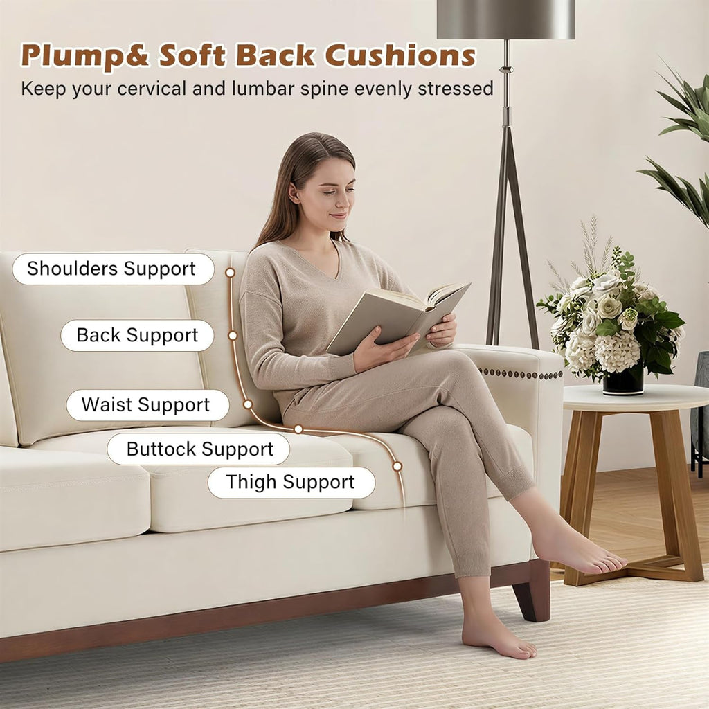 Beige ThreeSeater Upholstered Sofa With Nailhead Trim ShipItFurniture