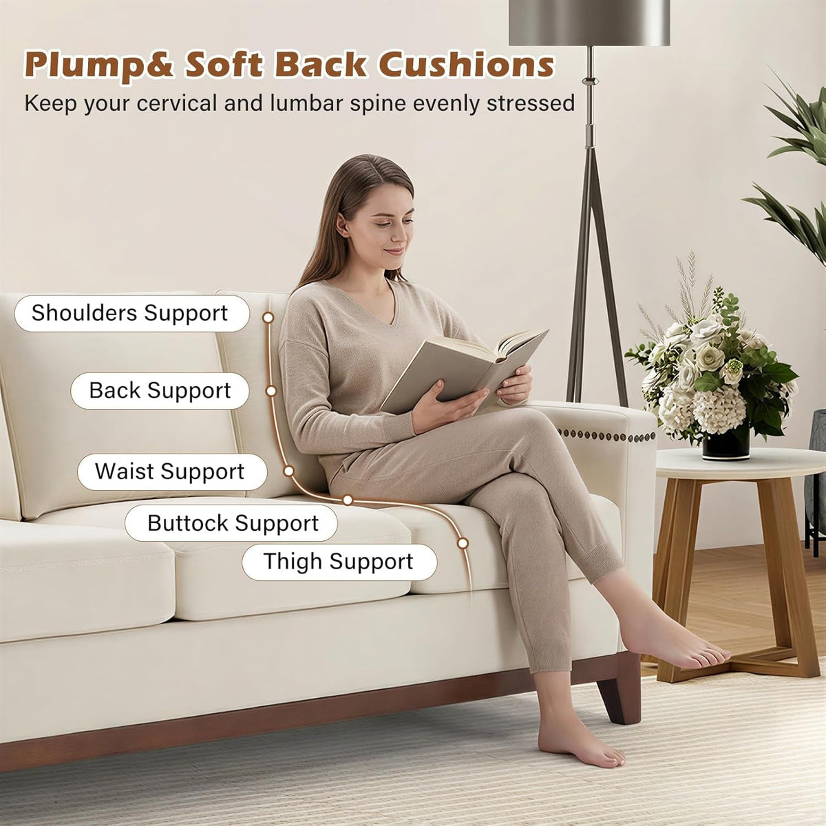 Beige ThreeSeater Upholstered Sofa With Nailhead Trim ShipItFurniture