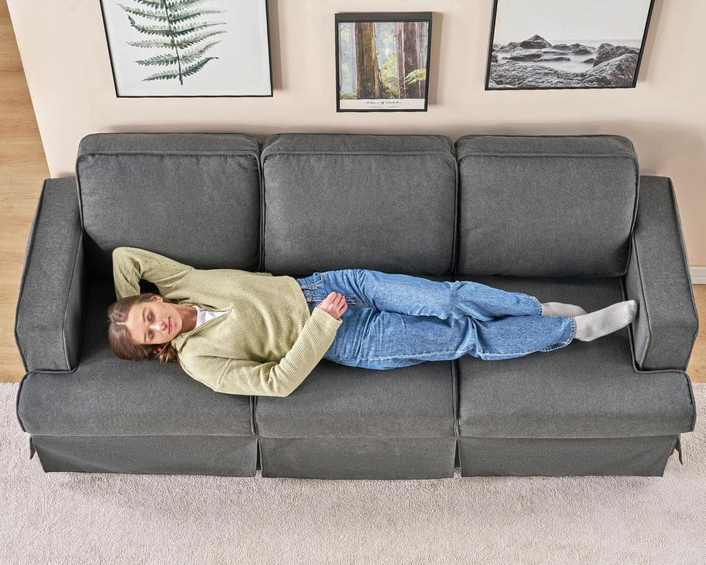 89 Inch Slipcovered Linen Grey Sofa 3 Seater Couch ShipItFurniture