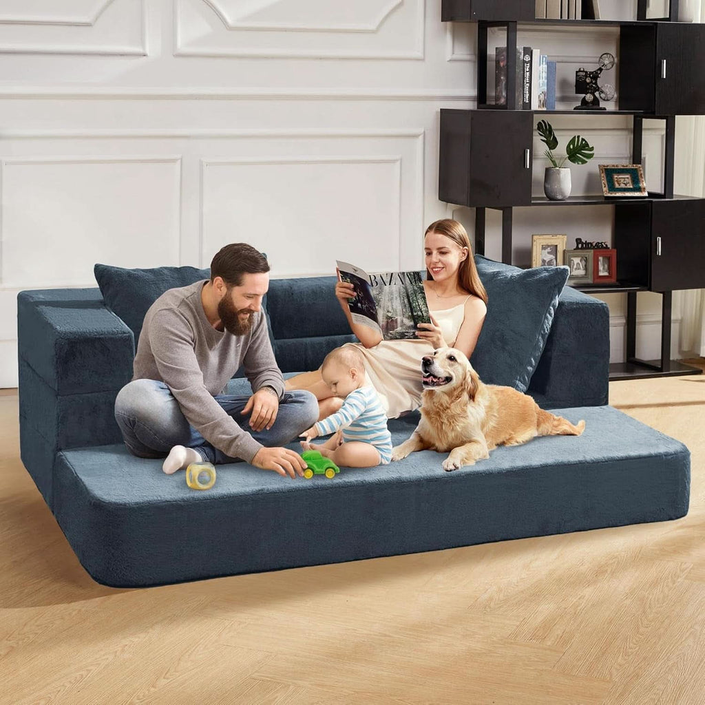 Blue Gray Large 3-In-1 Folding Bean Bag Couch Sofa Bed ShipItFurniture