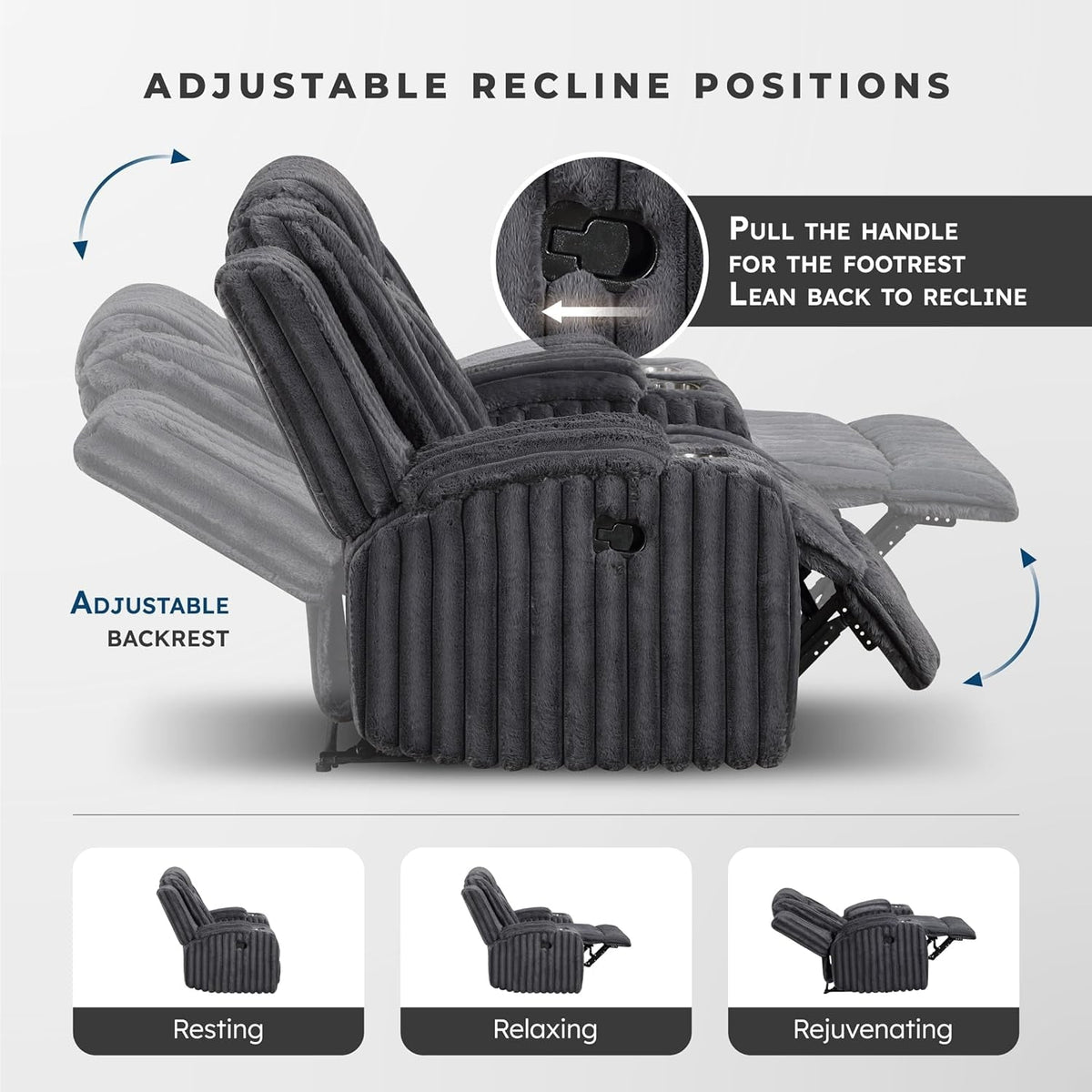 Corduroy Manual Reclining Sofa Dark Gray Three Seater ShipItFurniture