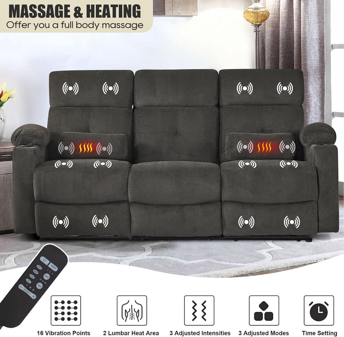 80 Inch Massage Recliner Sofa With Remote And USB Ports ShipItFurniture
