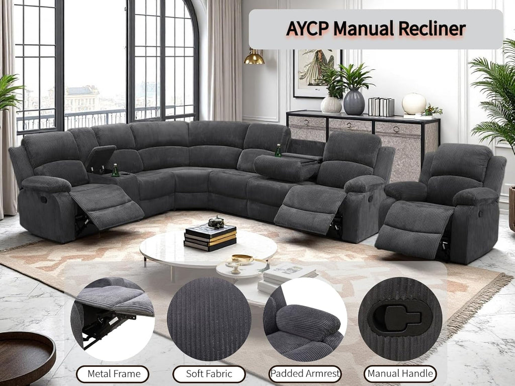Midnight Grey Corduroy Manual Recliner Sectional Sofa ShipItFurniture
