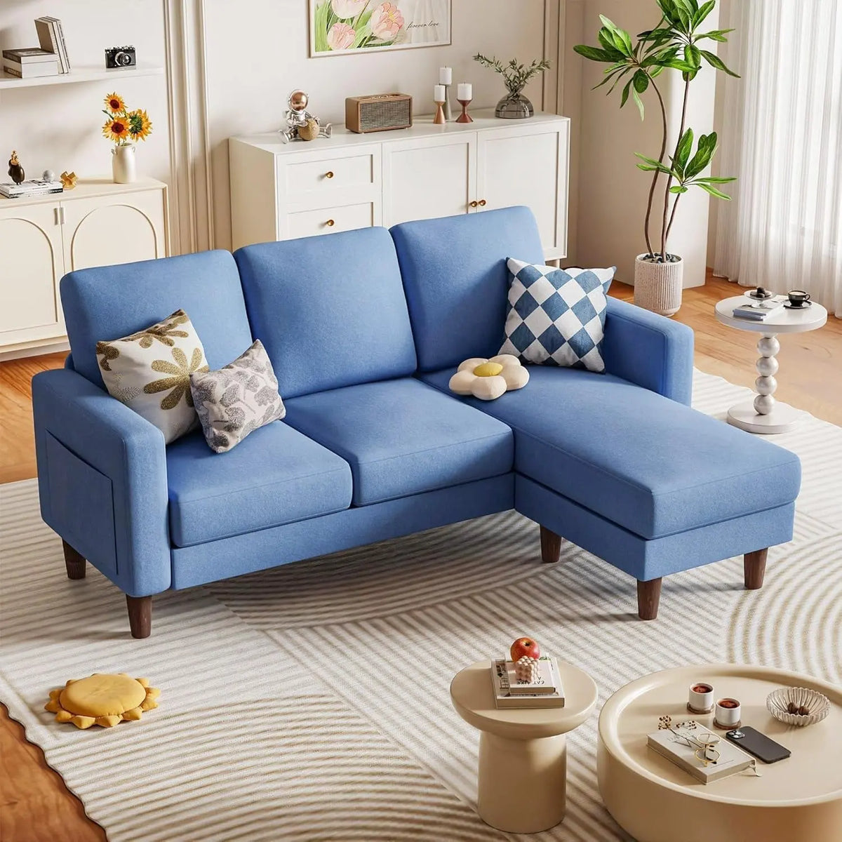 Blue Upholstered L Shaped Movable Sectional Couch Ottoman ShipItFurniture