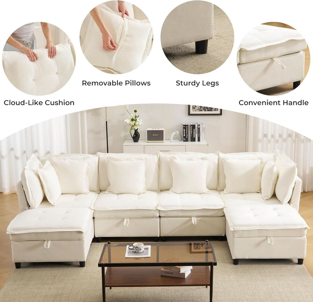 White OneThirtyThreeInch Modular Sectional Sofa Hidden Storage ShipItFurniture