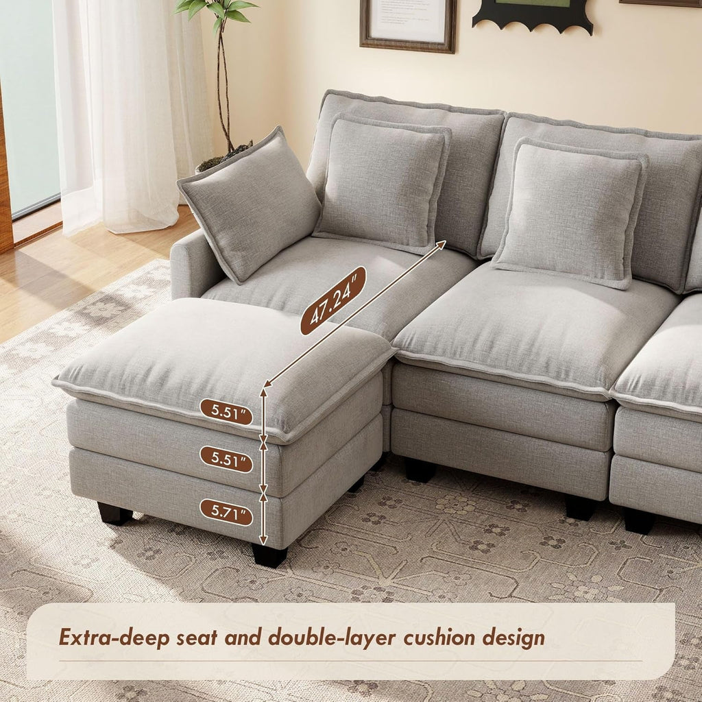 106-Inch U-Shaped Modular Sectional Sofa with Ottoman, Grey Chenille ShipItFurniture