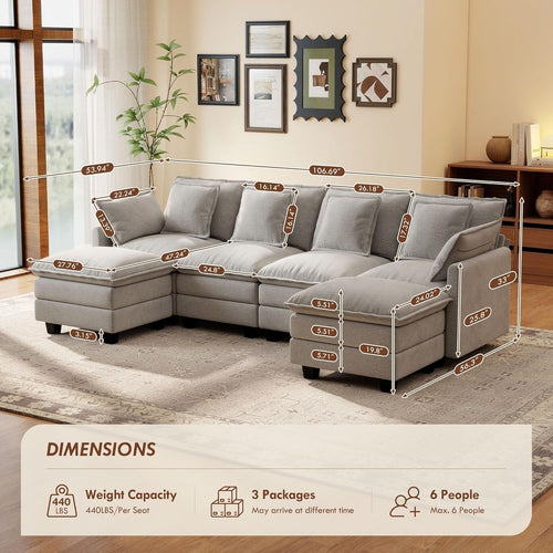 106-Inch U-Shaped Modular Sectional Sofa with Ottoman, Grey Chenille ShipItFurniture