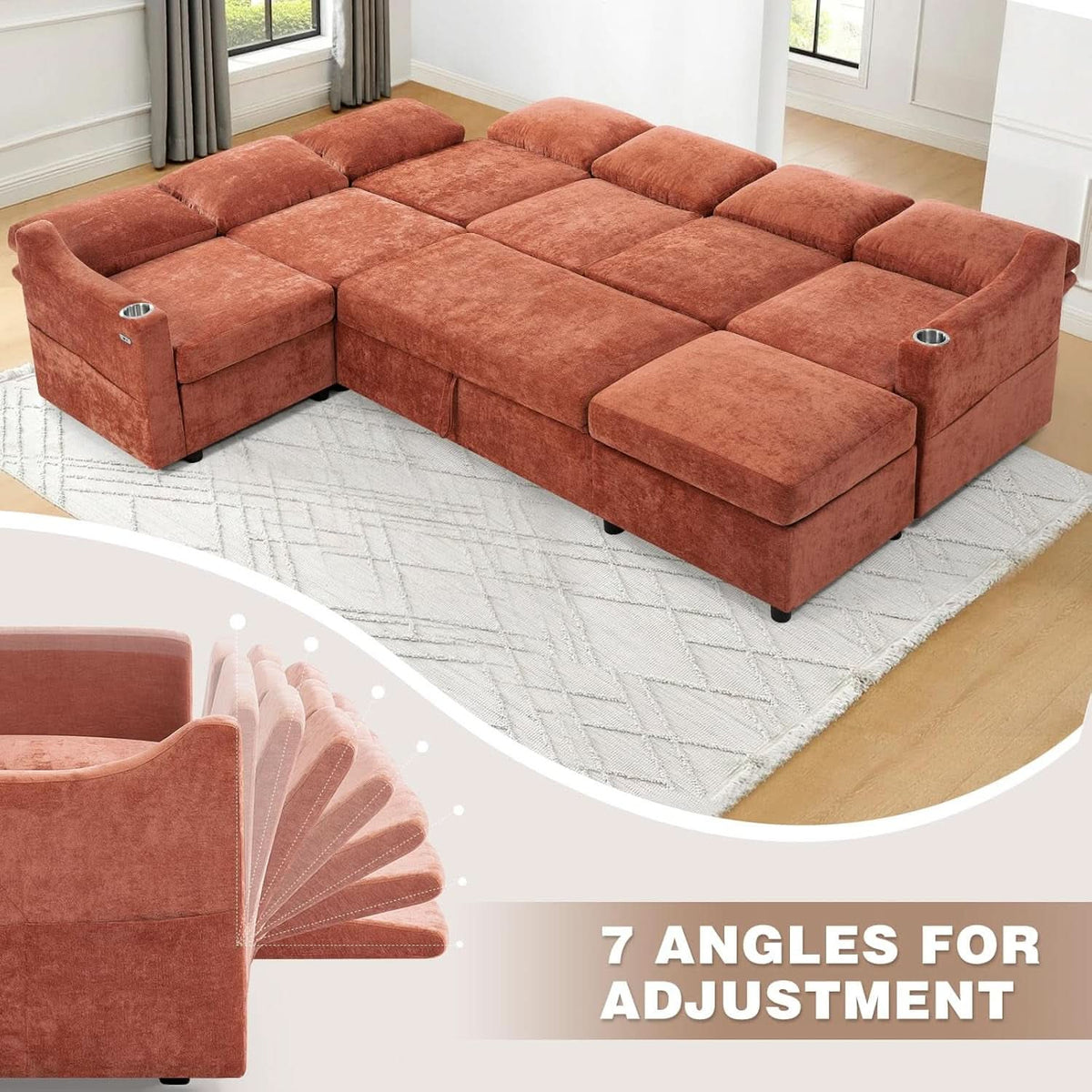 116Inch Orange Chenille Fabric Modular Sleeper Sofa USB ShipItFurniture