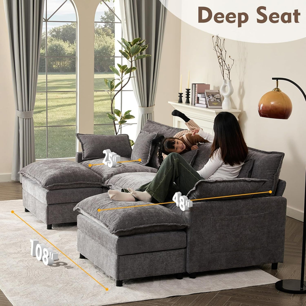 108 Inch U Shaped Ultra Modular Sofa Slate Chenille Fabric ShipItFurniture