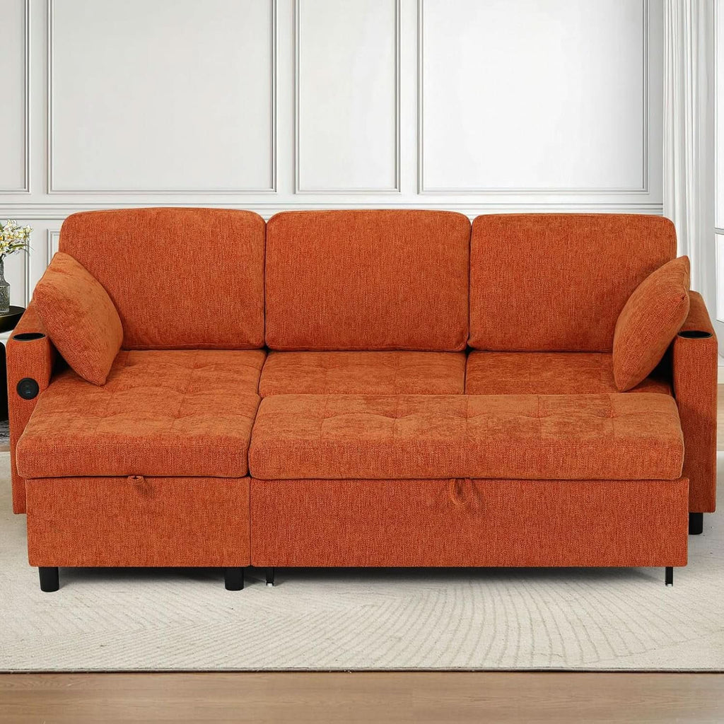 84Inches BrightOrange Chenille Pullout Sofa Bed USBPort ShipItFurniture