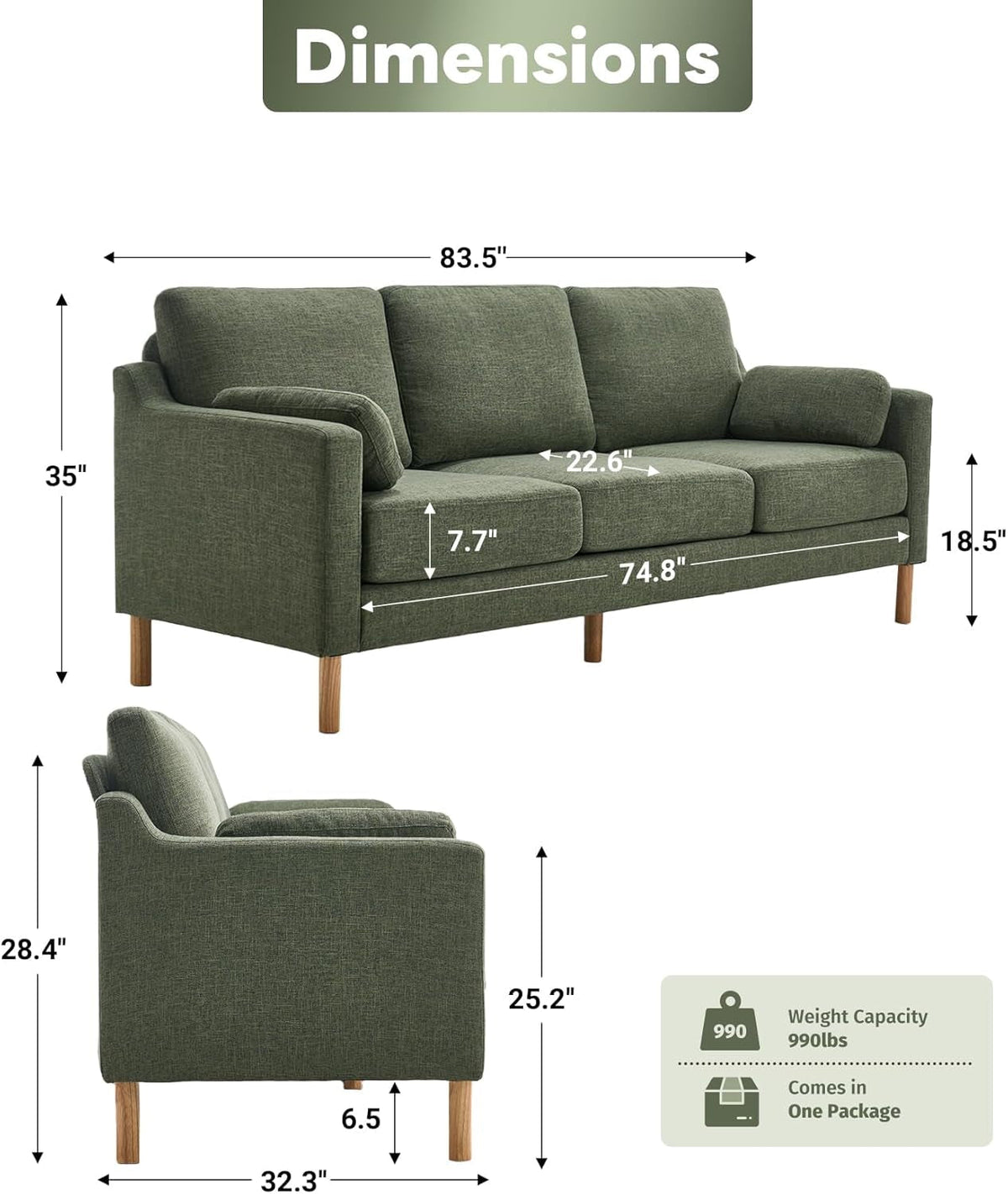 Dark green Linen Upholstered Mid Century Modern Sofa ShipItFurniture