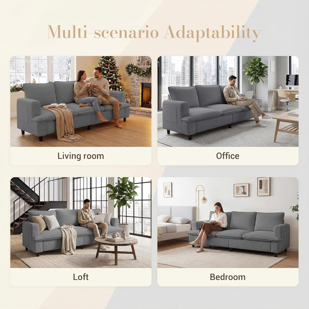 83 Inches Corduroy Fabric Upholstery 3 Seater Deep Seat Sofa ShipItFurniture