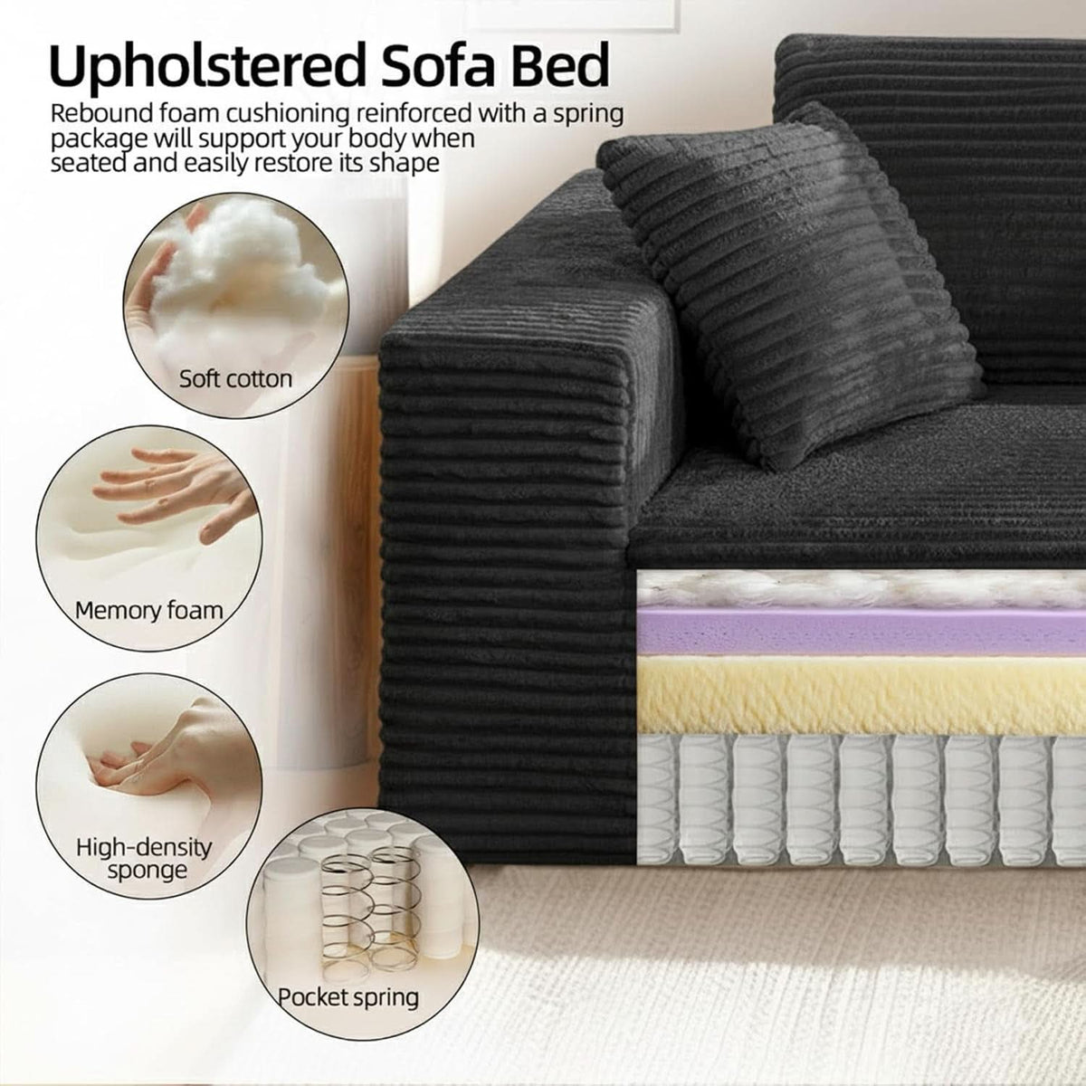 3-Seater Corduroy Sleeper Sofa No Assembly Lounge ShipItFurniture