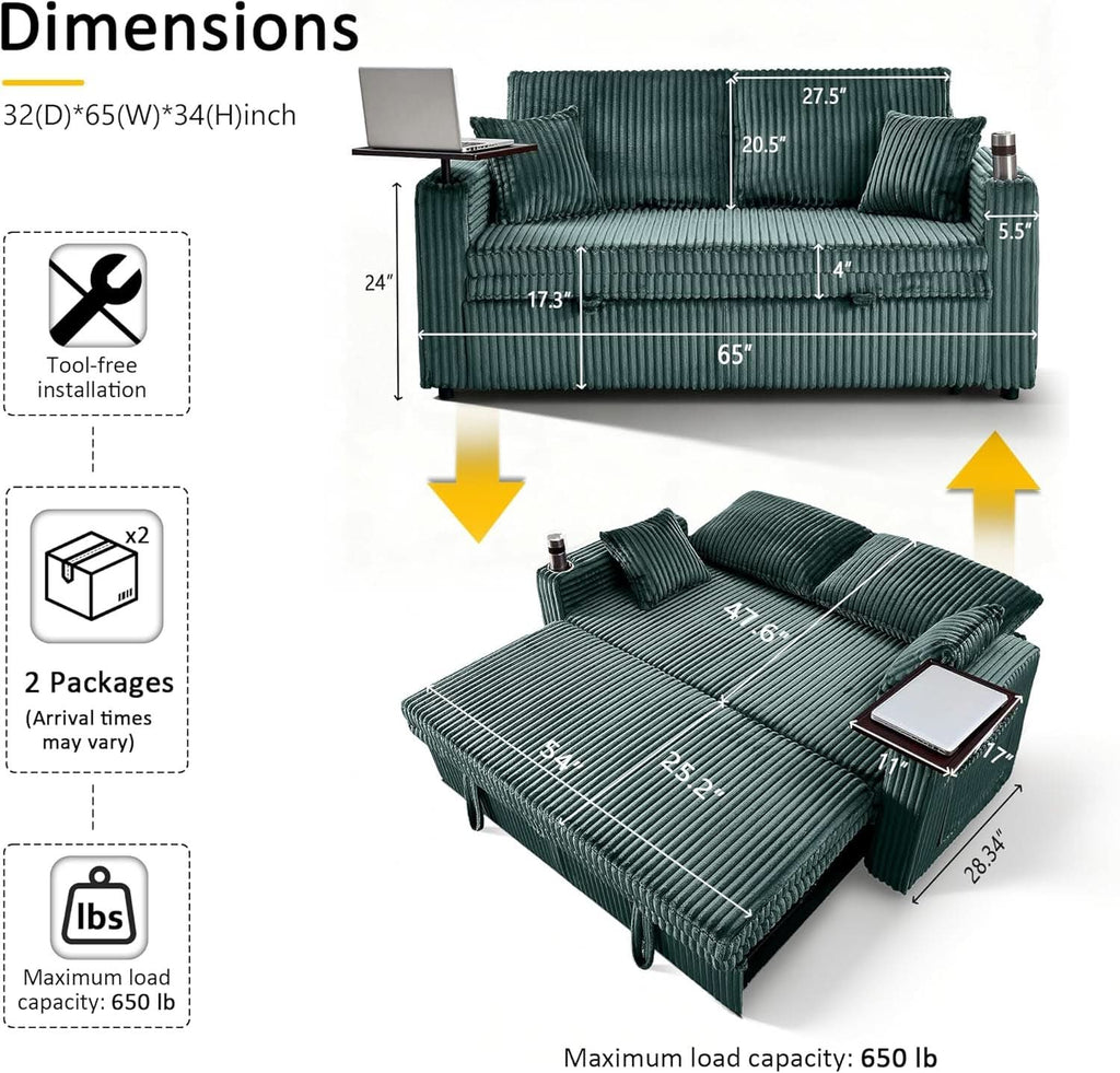 65Inch Sleeper Sofa Bed CorduroyFabric Emerald Green ShipItFurniture