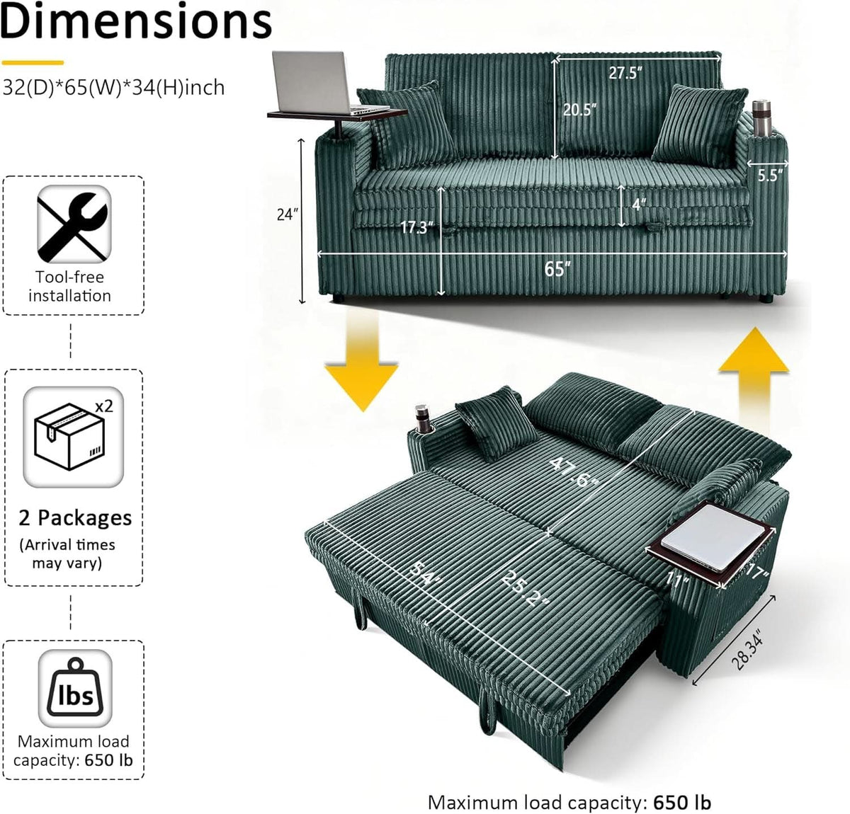 65Inch Sleeper Sofa Bed CorduroyFabric Emerald Green ShipItFurniture