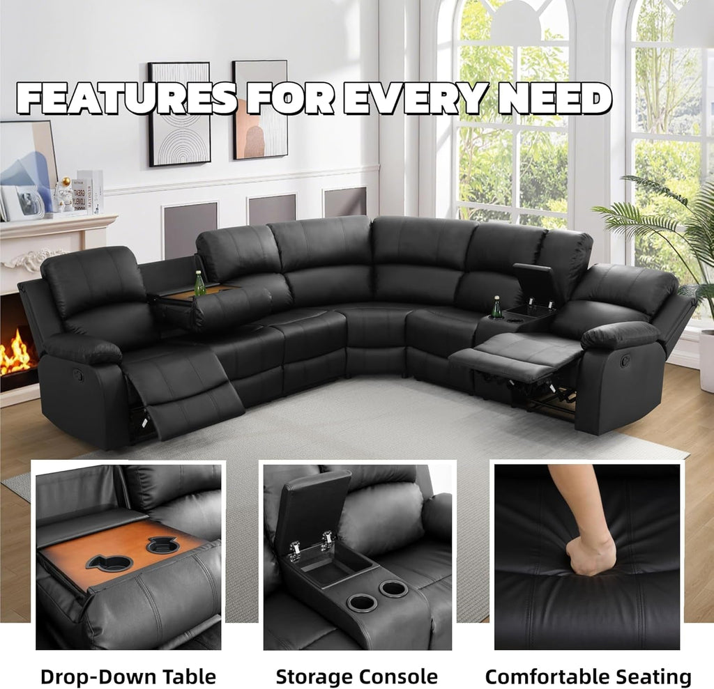 Manual Recliner Sectional Sofa Set Bonded Leather Black ShipItFurniture