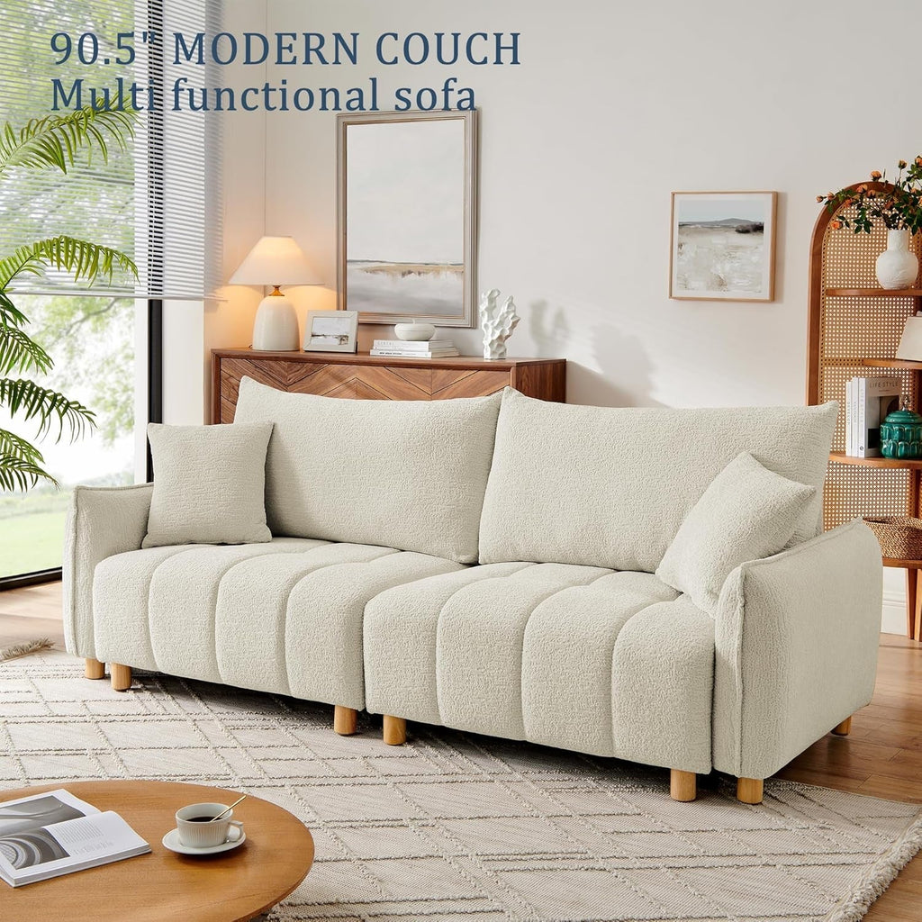 Cream Chenille Sleeper Sofa Bed With Expanded Storage ShipItFurniture