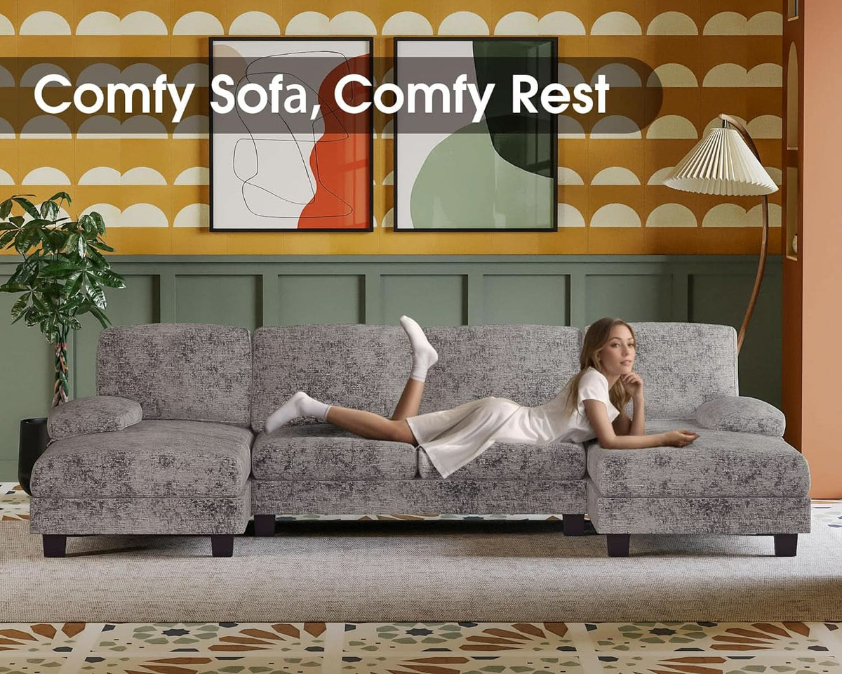 Grey Linen U Shaped Sectional Sofa Couch 4 Seat With Double Chaise ShipItFurniture