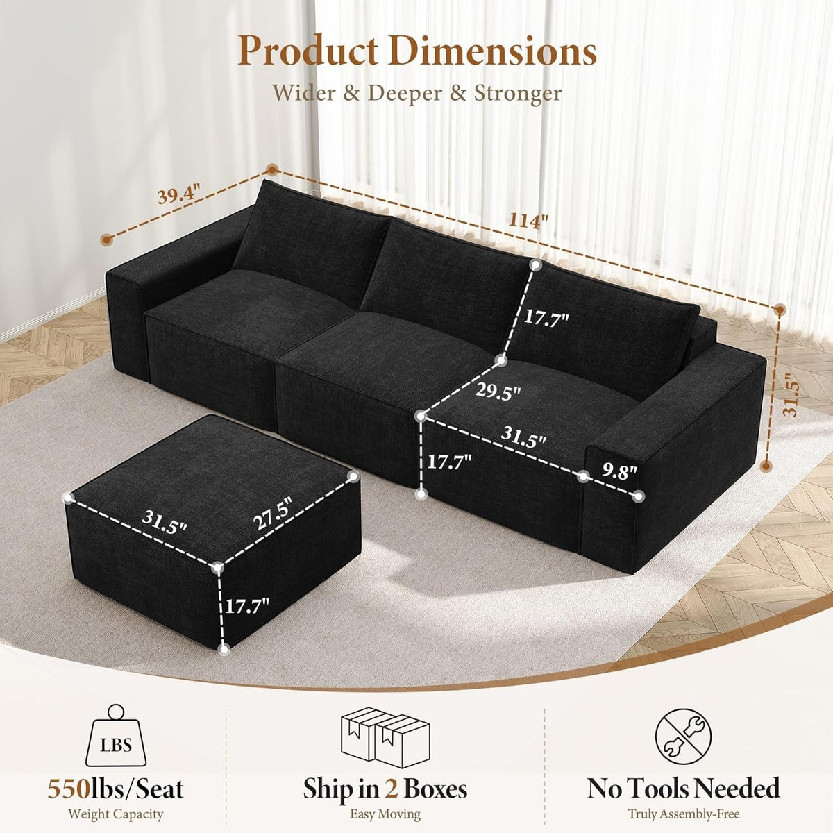 114 Inch Modular Contemporary Sectional Sofa Black ShipItFurniture