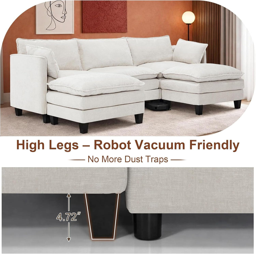 111Inch Modular Sectional Sofa Beige Upholstered Cushions ShipItFurniture
