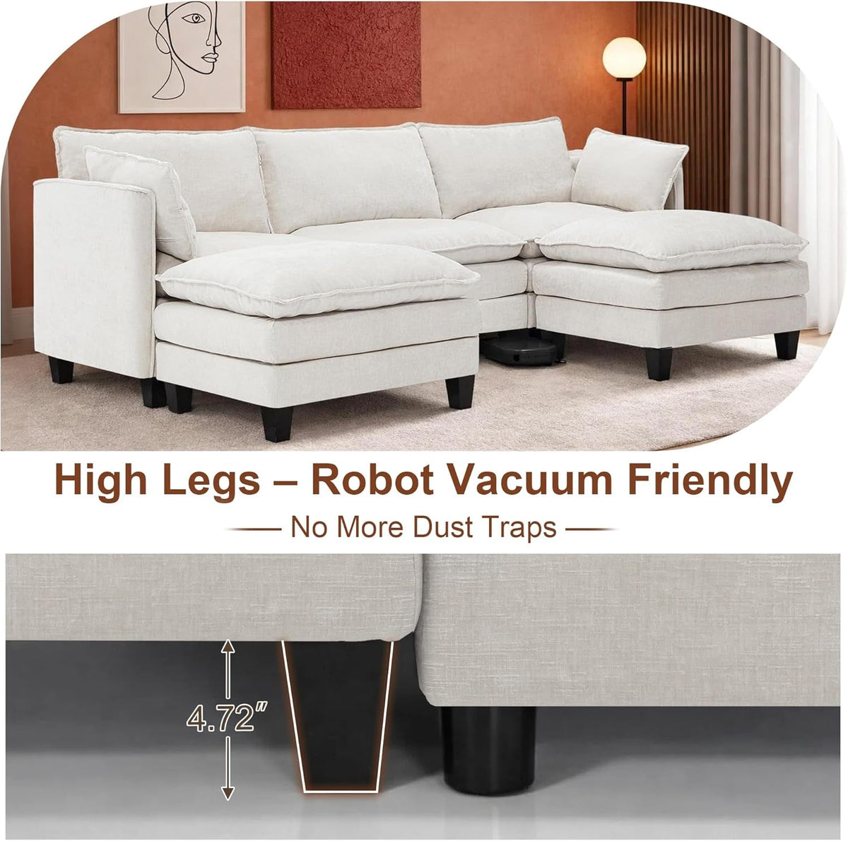 111Inch Modular Sectional Sofa Beige Upholstered Cushions ShipItFurniture