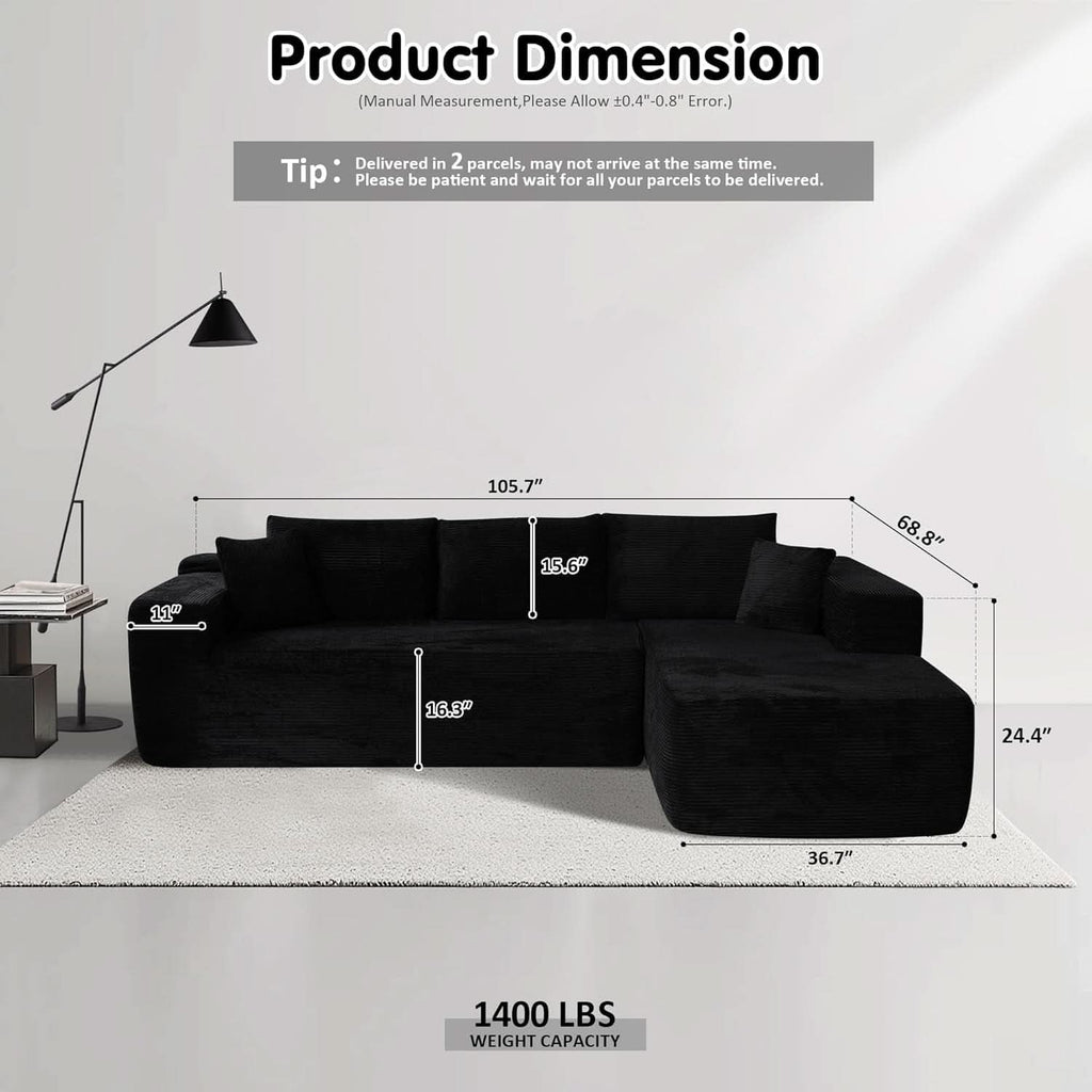 104 Inch Black Corduroy L Shaped Sectional Sofa Deep Set Upholstered Modular Couch No Assembly ShipItFurniture