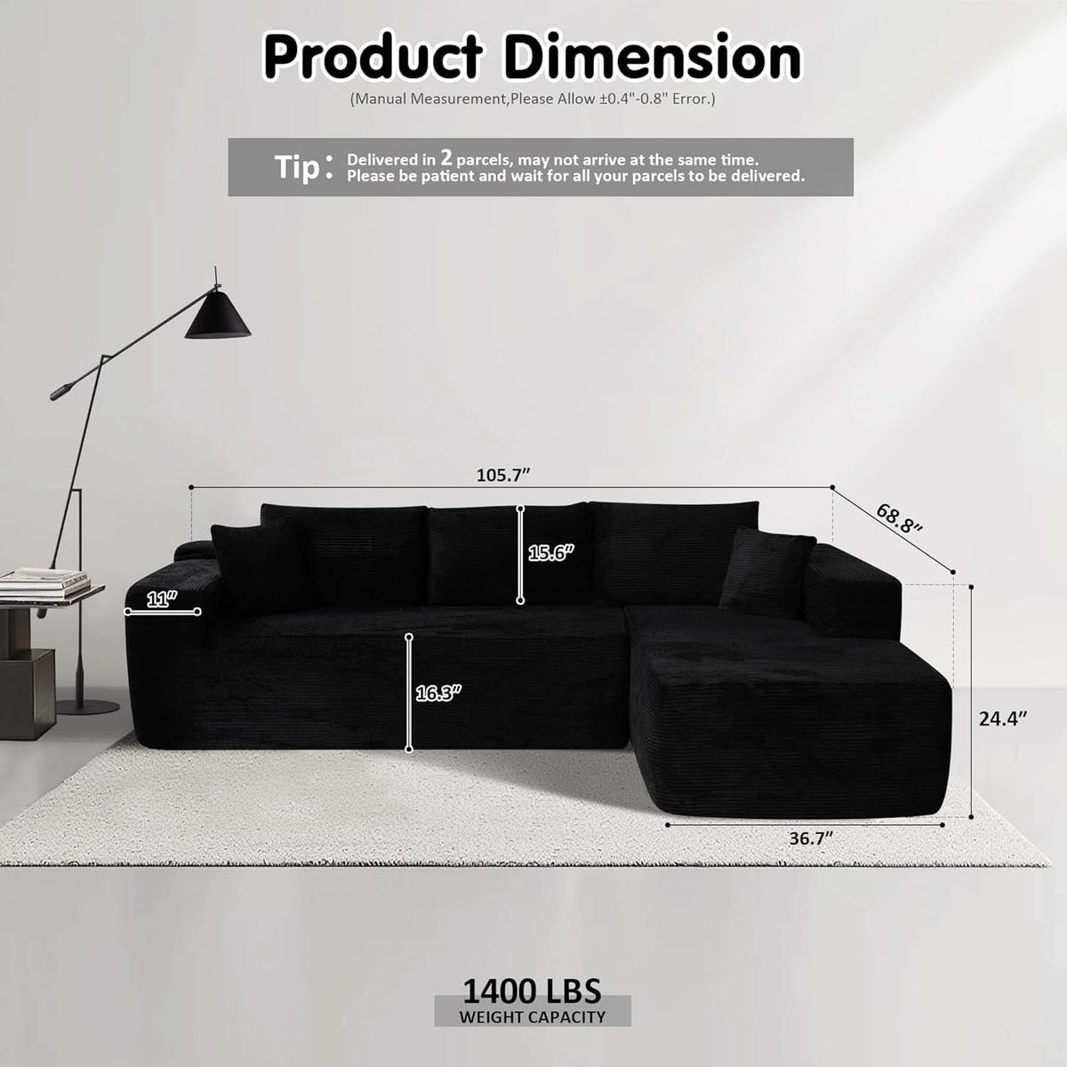 104 Inch Black Corduroy L Shaped Sectional Sofa Deep Set Upholstered Modular Couch No Assembly ShipItFurniture