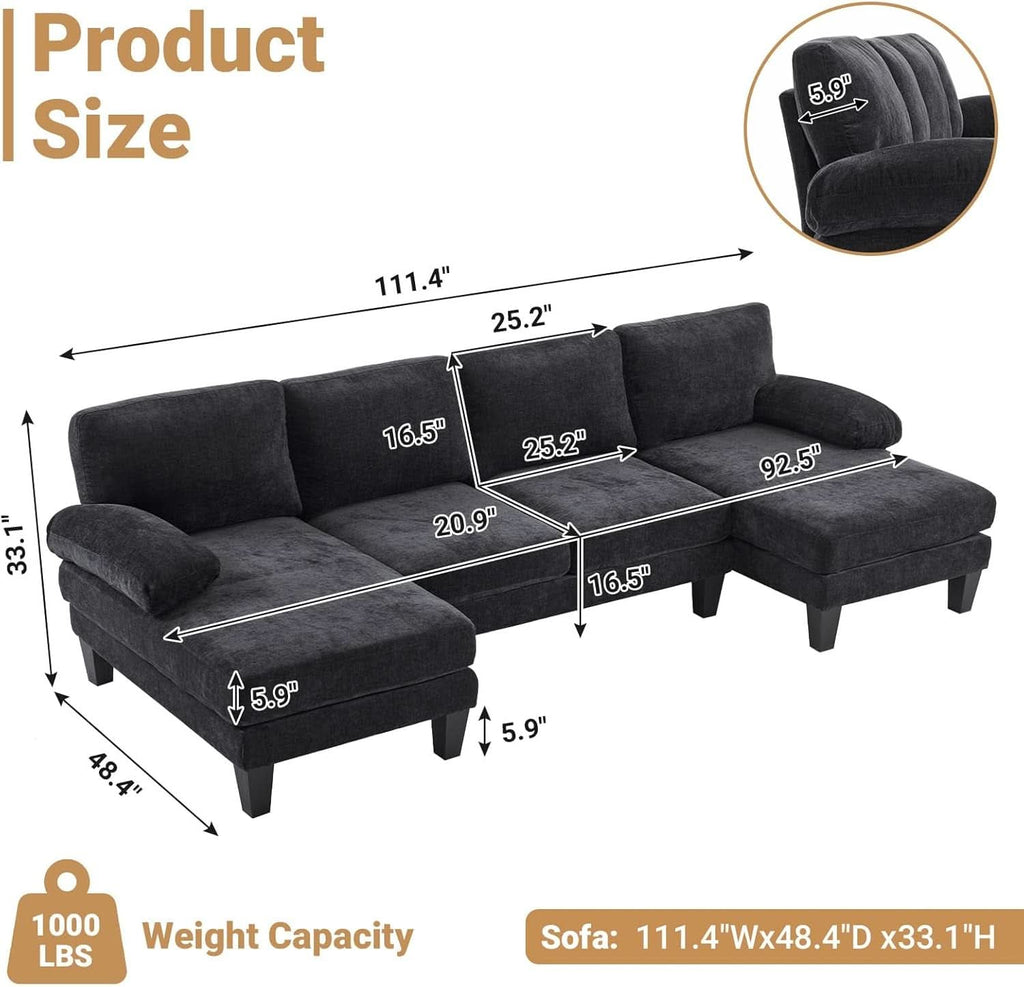 110 Inch U Shaped Sectional Couch For Living Room With Double Chaise In Chenille Fabric Black ShipItFurniture