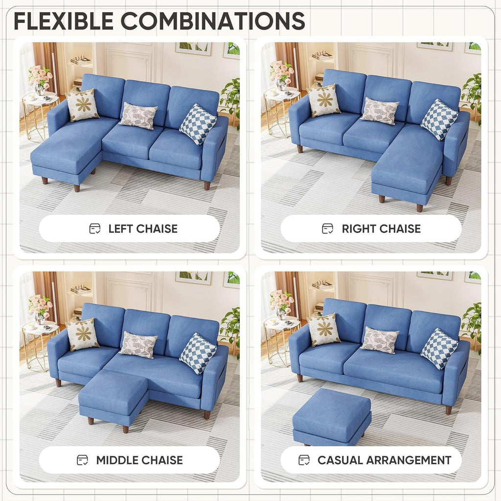 Blue Upholstered L Shaped Movable Sectional Couch Ottoman ShipItFurniture