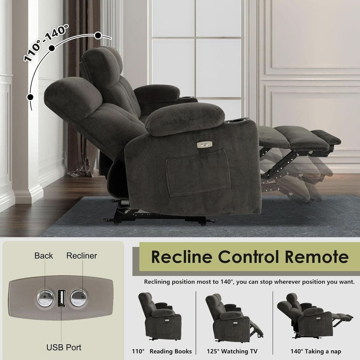 80 Inch Massage Recliner Sofa With Remote And USB Ports ShipItFurniture