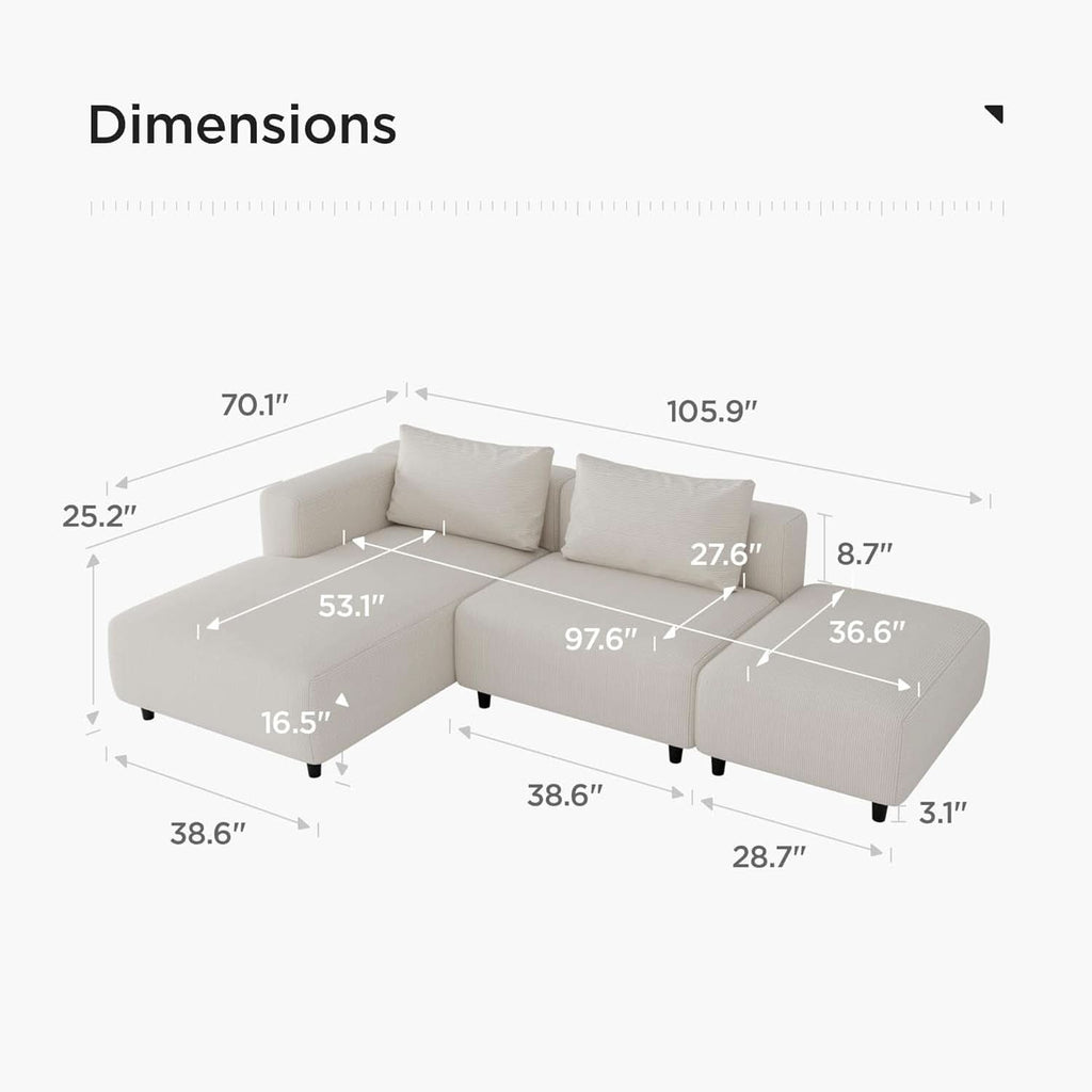 Soft Corduroy Sectional Sofa Set L Shaped Cream Modular ShipItFurniture