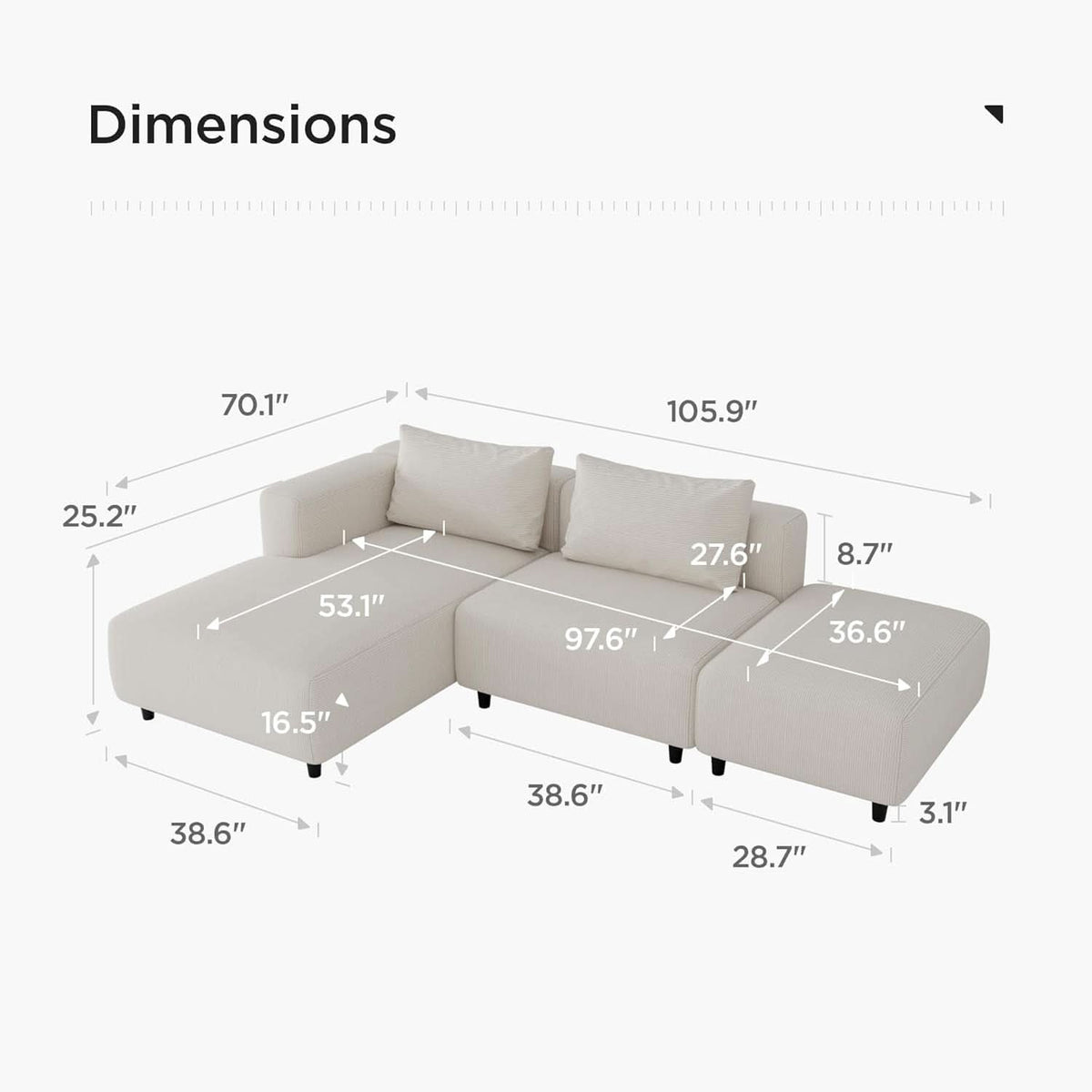 Soft Corduroy Sectional Sofa Set L Shaped Cream Modular ShipItFurniture