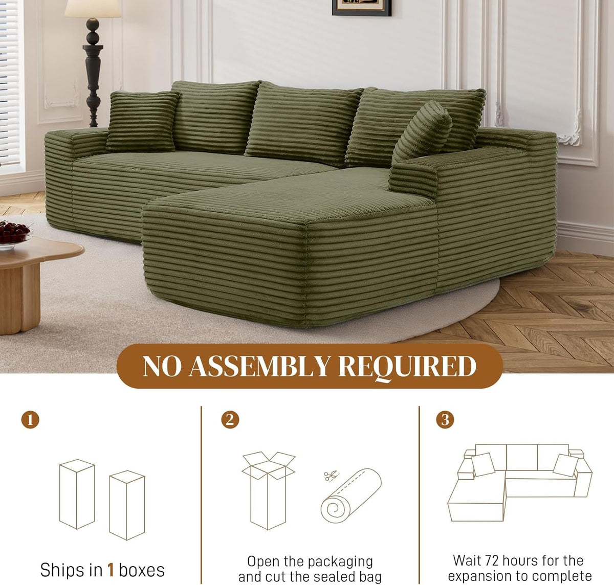 95 Inch Boneless Cloudlike Sectional Sofa MemoryFoam ShipItFurniture