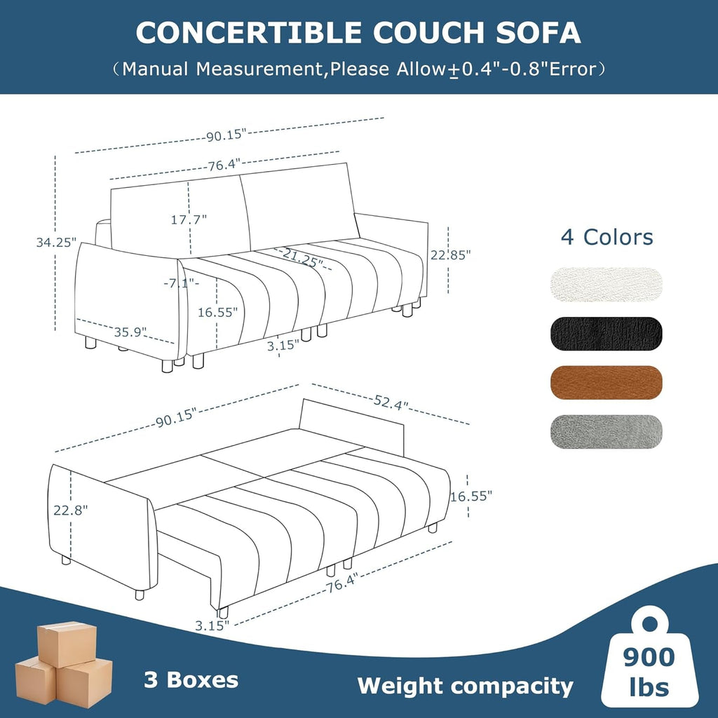 Cream Chenille Sleeper Sofa Bed With Expanded Storage ShipItFurniture