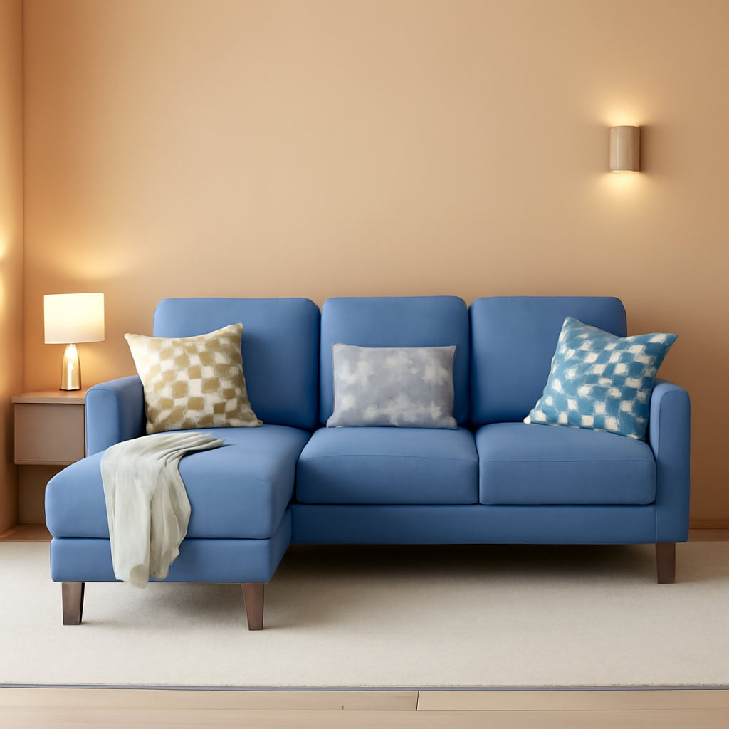 Blue Upholstered L Shaped Movable Sectional Couch Ottoman ShipItFurniture