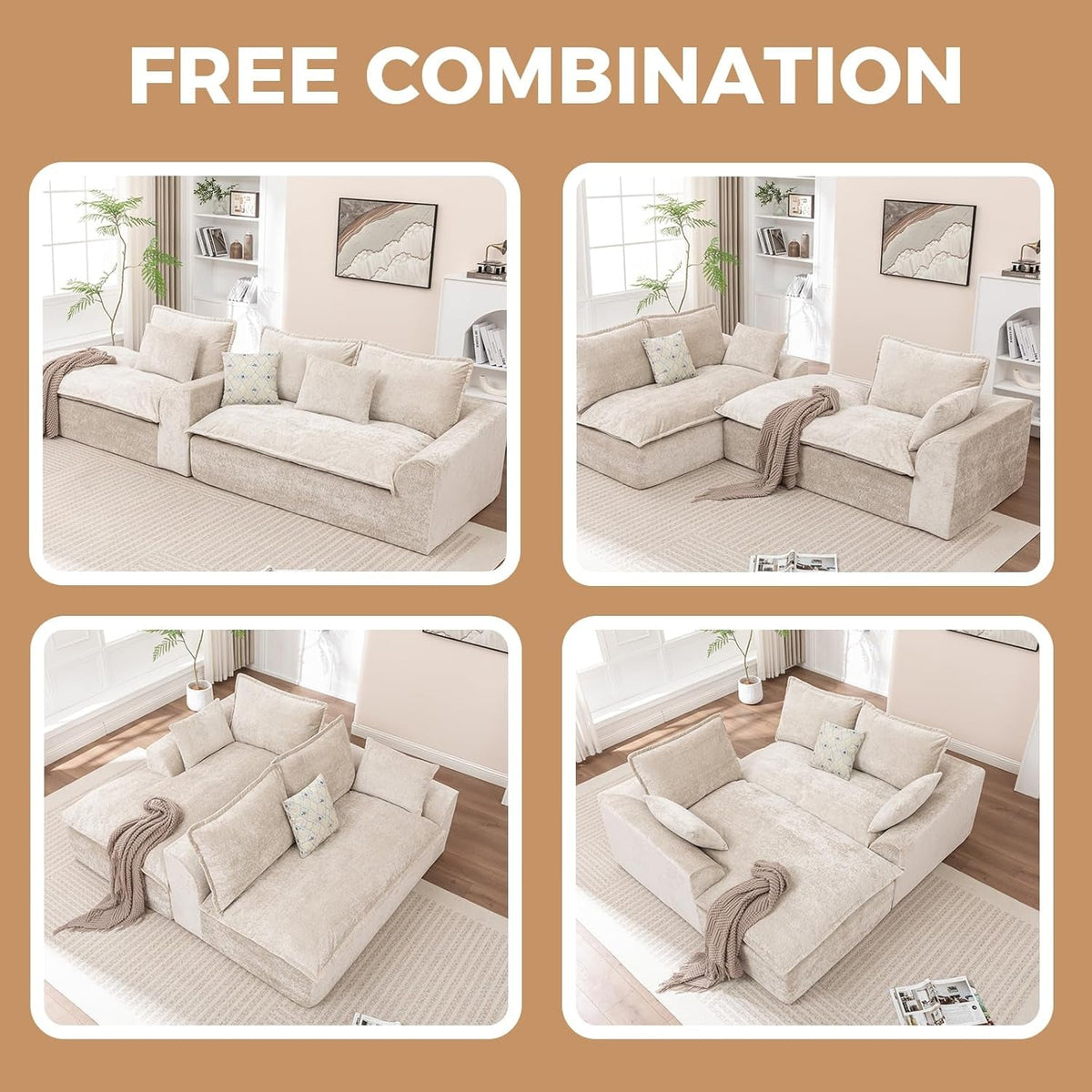 Beige 103Inch Boneless Cloudlike Modular Sectional Sofa ShipItFurniture