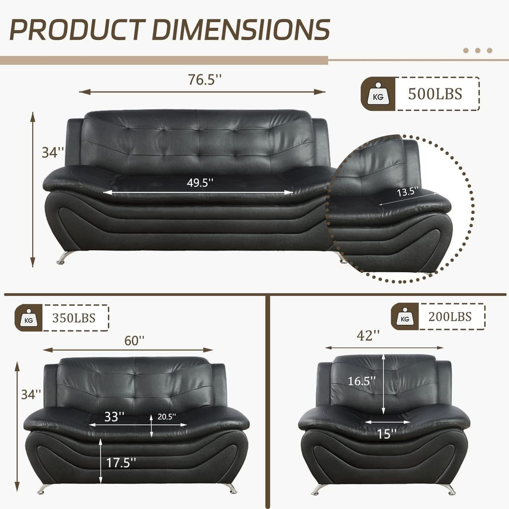 3 Piece Faux Leather Sofa Set For Living Room Black 3 Seater Sofa Loveseat Armchair ShipItFurniture