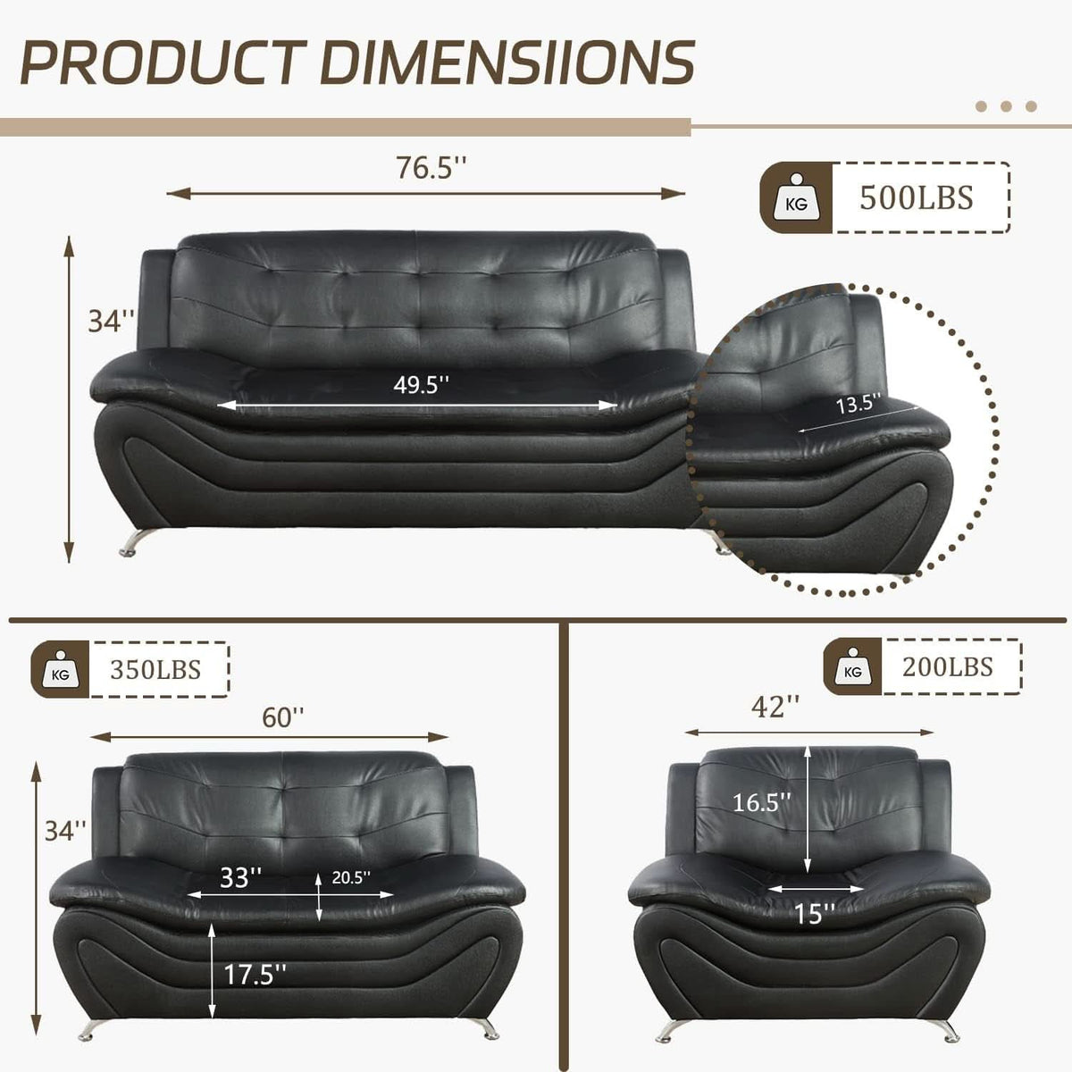 3 Piece Faux Leather Sofa Set For Living Room Black 3 Seater Sofa Loveseat Armchair ShipItFurniture