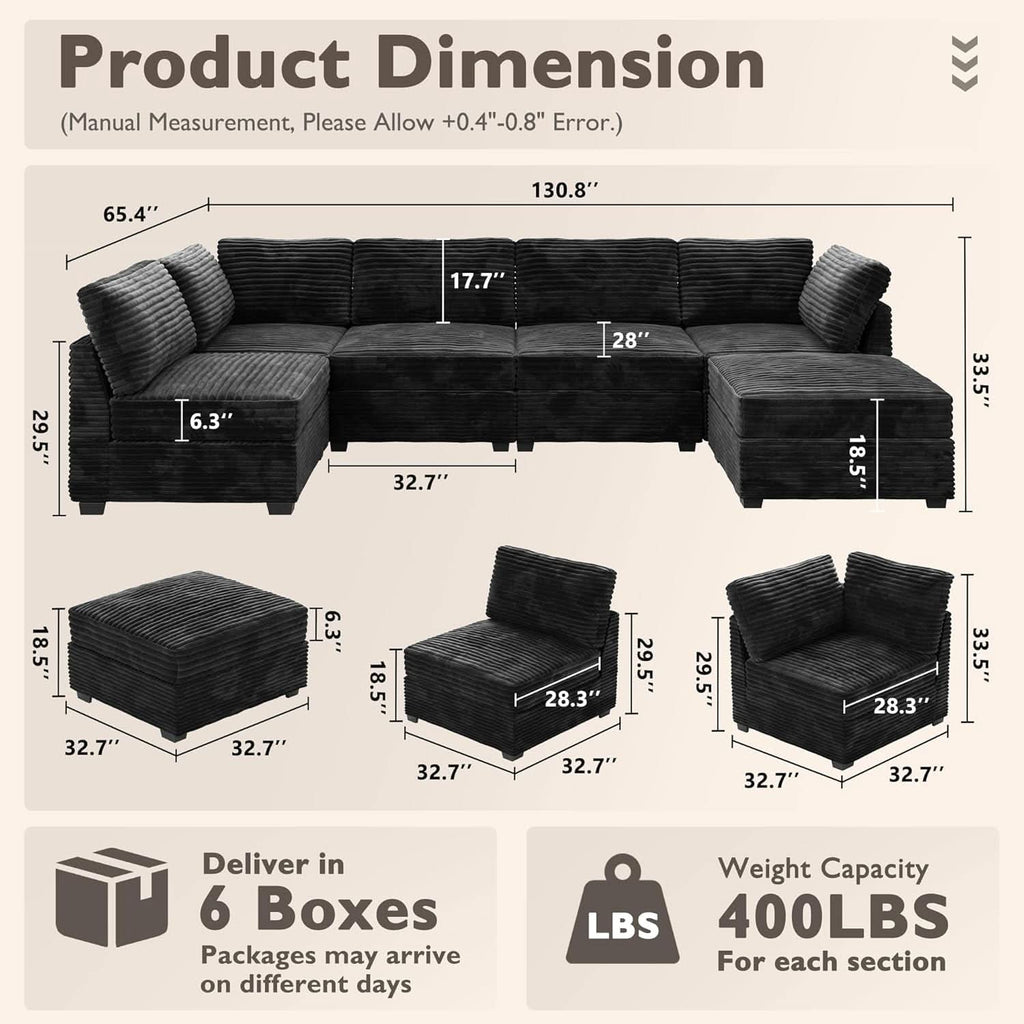 Modular Sectional Sofa Black Corduroy Convertible Sleeper ShipItFurniture