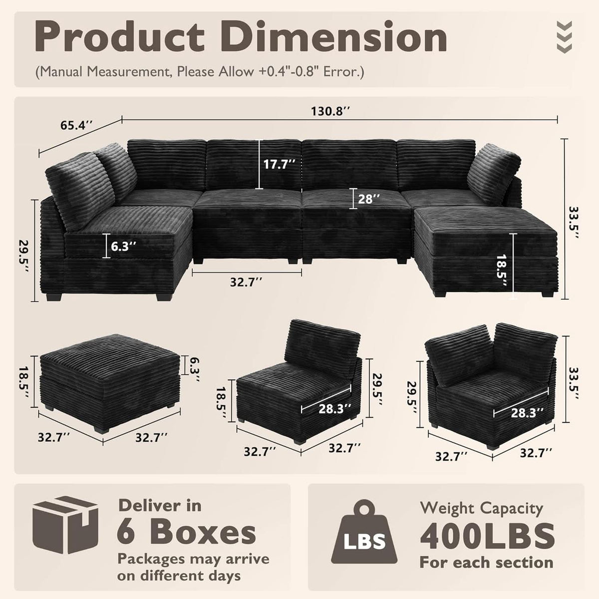 Modular Sectional Sofa Black Corduroy Convertible Sleeper ShipItFurniture