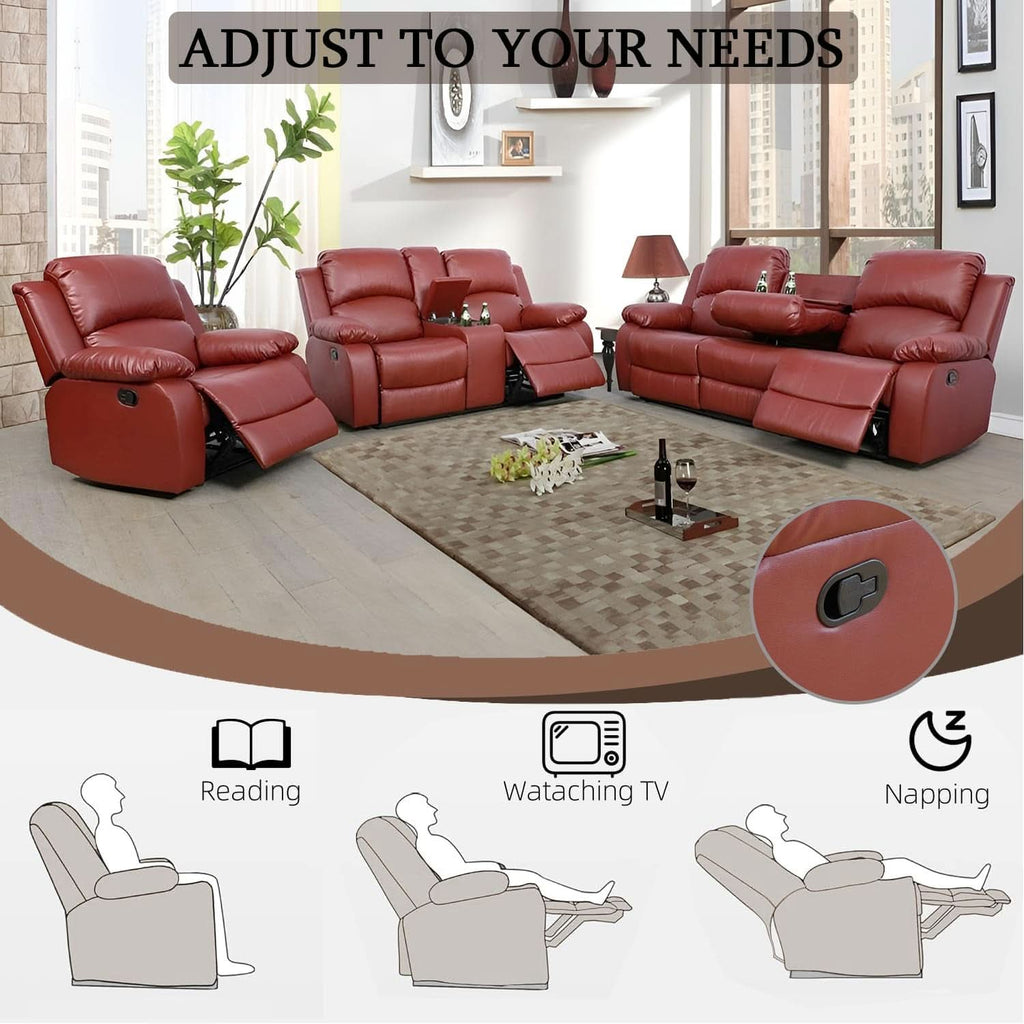 Leather Recliner Sofa Set Red Three Piece Living Room Furniture ShipItFurniture