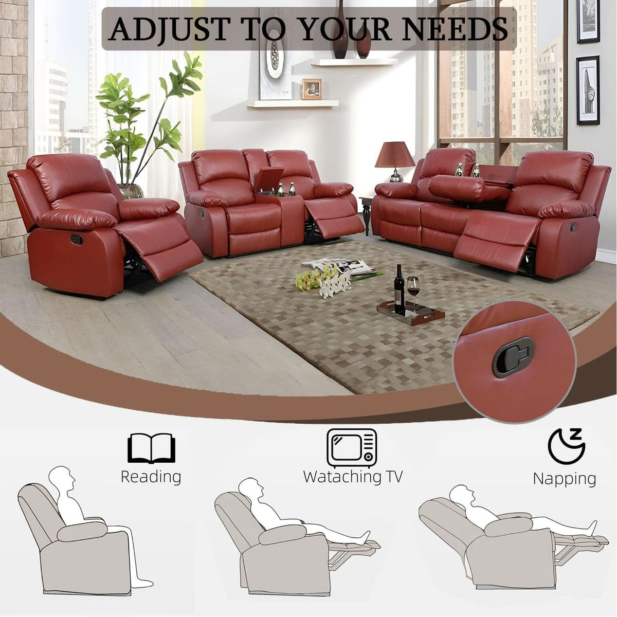 Leather Recliner Sofa Set Red Three Piece Living Room Furniture ShipItFurniture