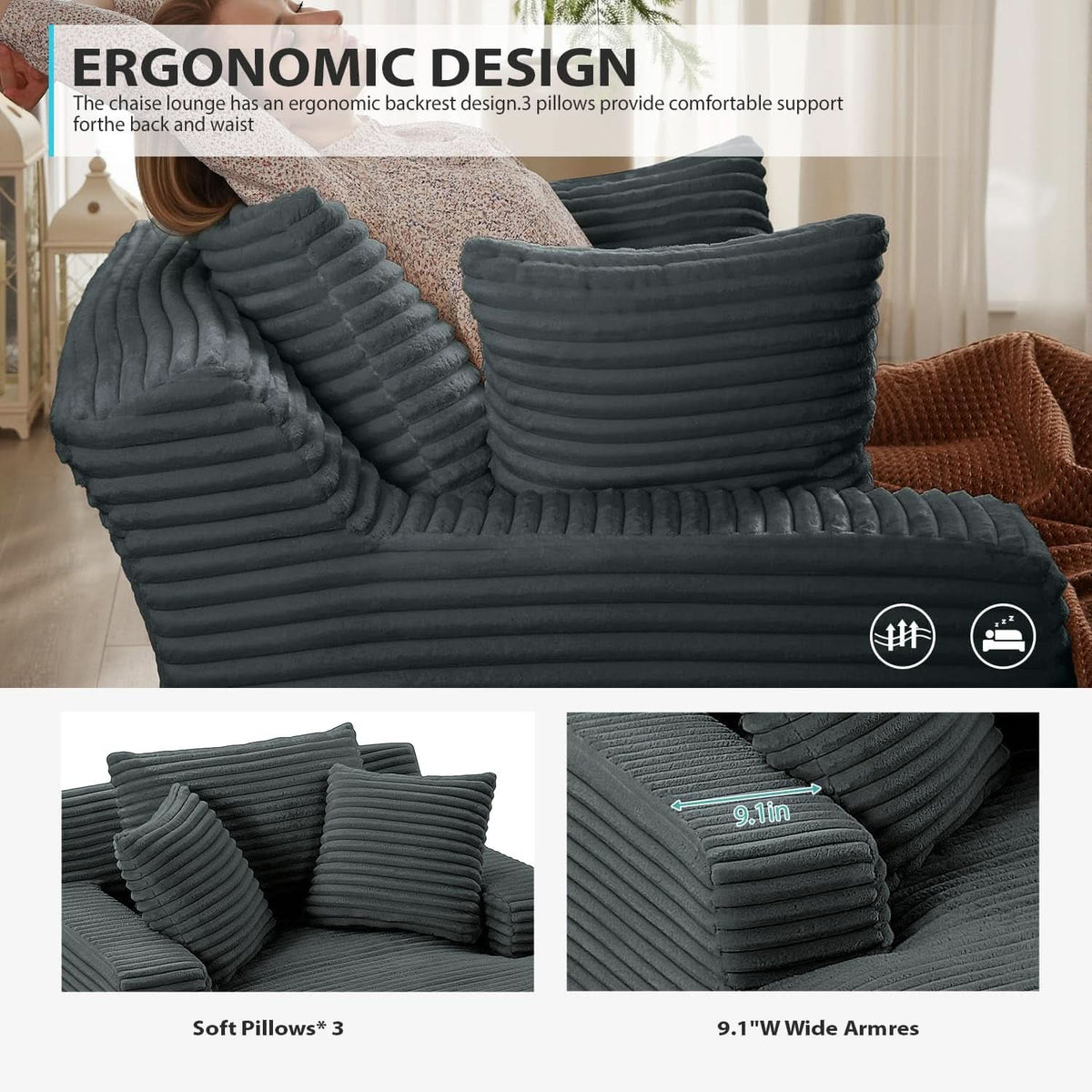 Sumptuously Oversized Dark Grey Chaise Lounge Chair ShipItFurniture